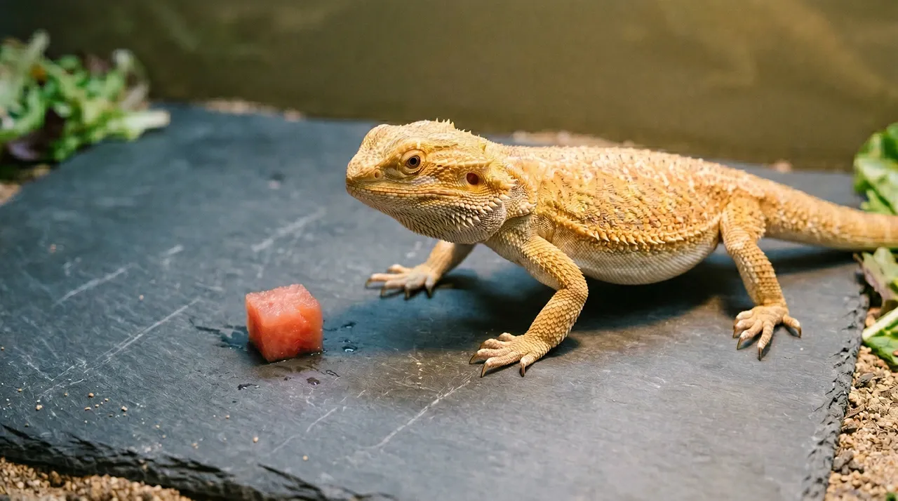 Healthy bearded dragon stepping toward a small piece of watermelon on slate with leafy greens nearby