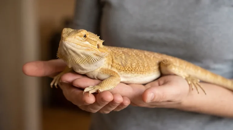 Calm bearded dragon resting loose across an owner's open hands, beard flat and body relaxed while being held