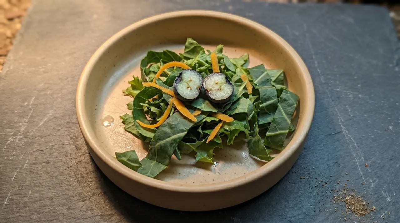 Two halved blueberries on chopped collard greens in a bearded dragon feeding bowl