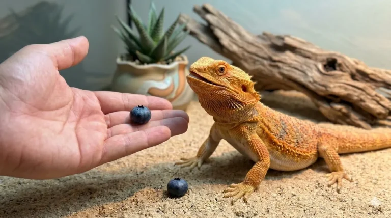 Keeper offering a blueberry by hand to an adult bearded dragon in its enclosure with one berry on the sand