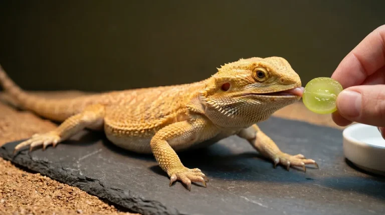 Bearded dragon taking a halved seedless grape offered by hand as an occasional treat