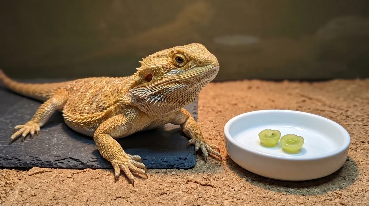 Bearded dragon beside a white dish holding one halved seedless grape, the correct single serving size