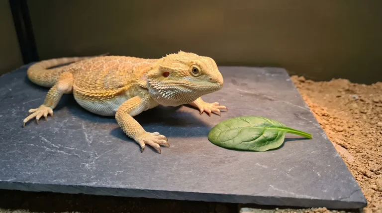 Adult bearded dragon inspecting a single fresh spinach leaf on a slate tile inside its enclosure