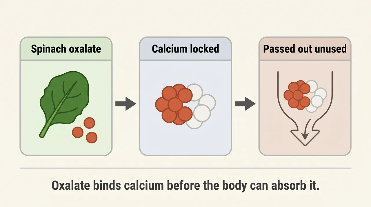 Diagram showing spinach oxalate binding calcium in three stages so a bearded dragon cannot absorb it