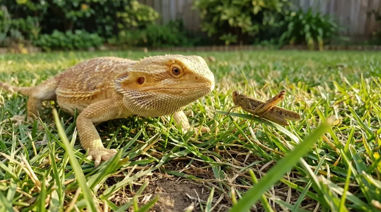 Bearded dragon on garden grass staring at a wild grasshopper at close striking distance