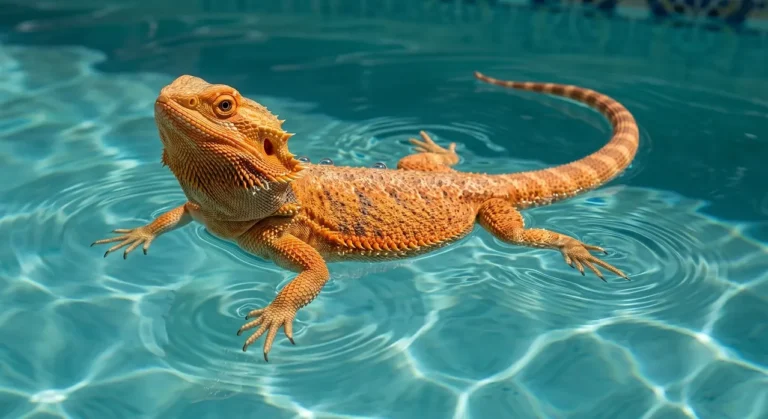 Bearded dragon swimming across clear water with its head raised above the surface and legs paddling