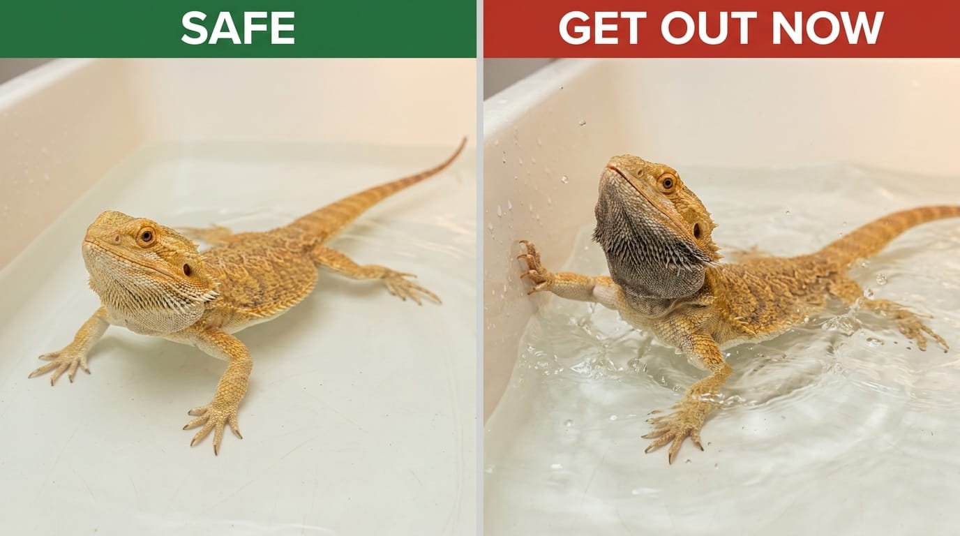 Side-by-side bearded dragon comparison, calm with a pale beard on the left and stressed with a black puffed beard on the right