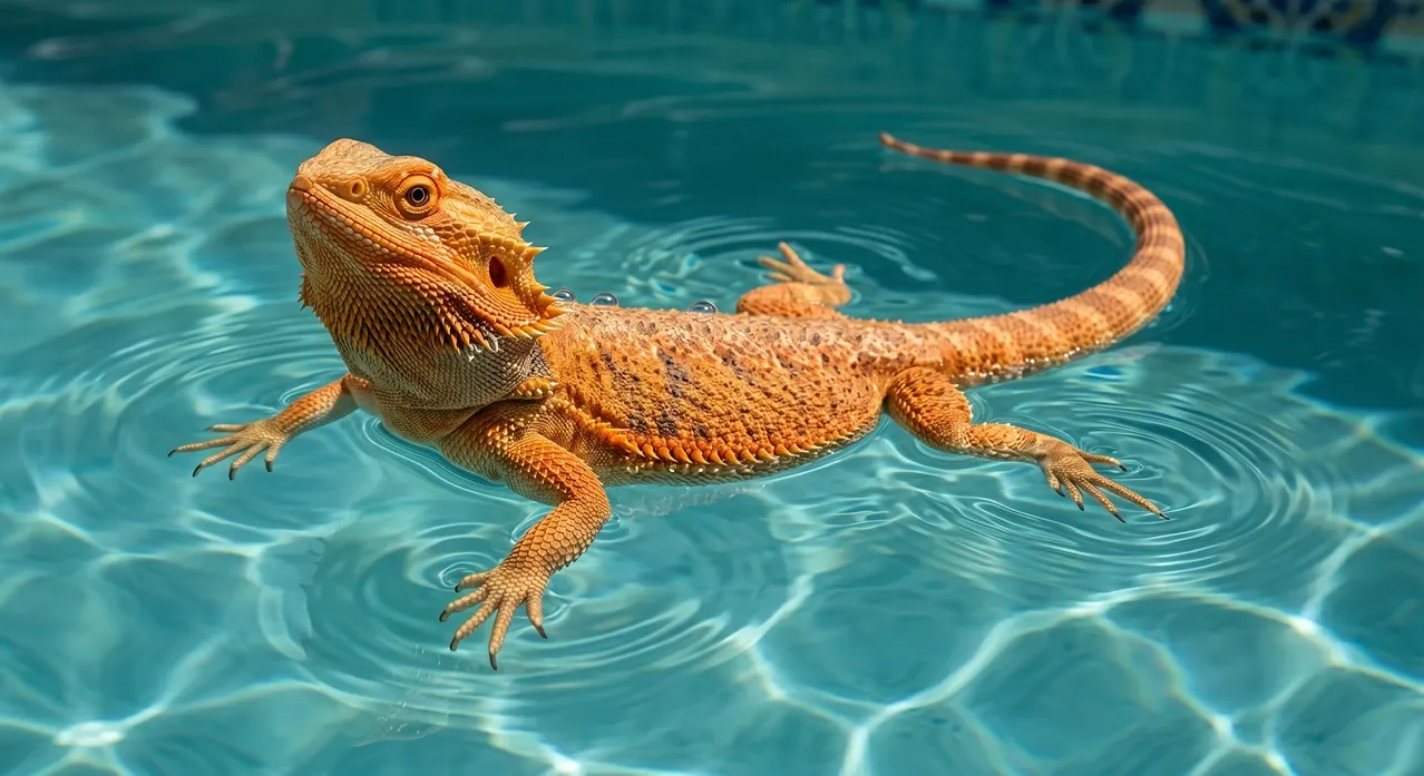 Bearded dragon swimming across clear water with its head raised above the surface and legs paddling