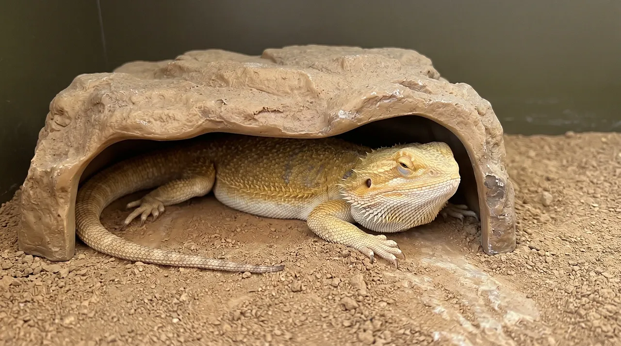 Bearded dragon resting in a snug cool-side hide with its back lightly touching the roof