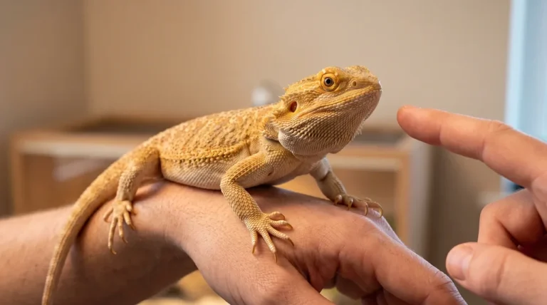 Adult bearded dragon perched calmly on a person's hand facing an approaching finger before a possible bite