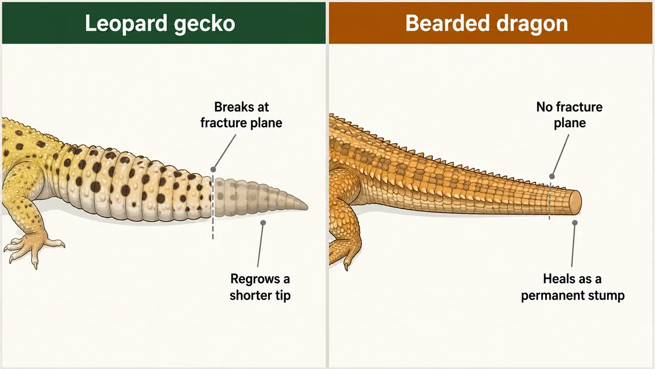 Diagram comparing a leopard gecko tail that regrows and a bearded dragon tail that heals as a permanent stump