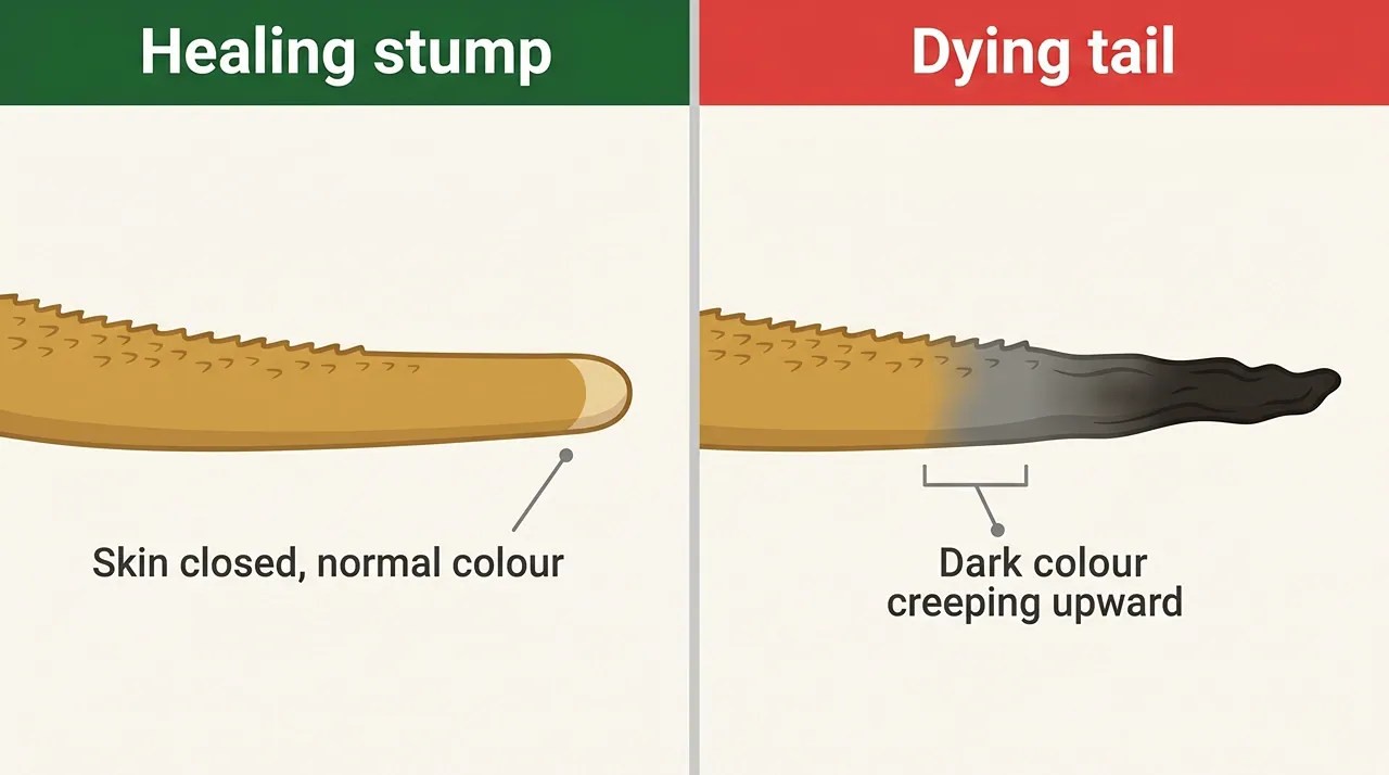 Comparison of a healed bearded dragon tail stump with normal colour beside a dying tail darkening from the tip