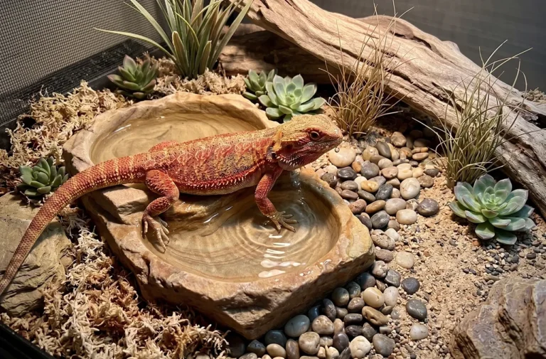 Red bearded dragon standing with front feet in a shallow rock-style water dish inside a naturalistic enclosure