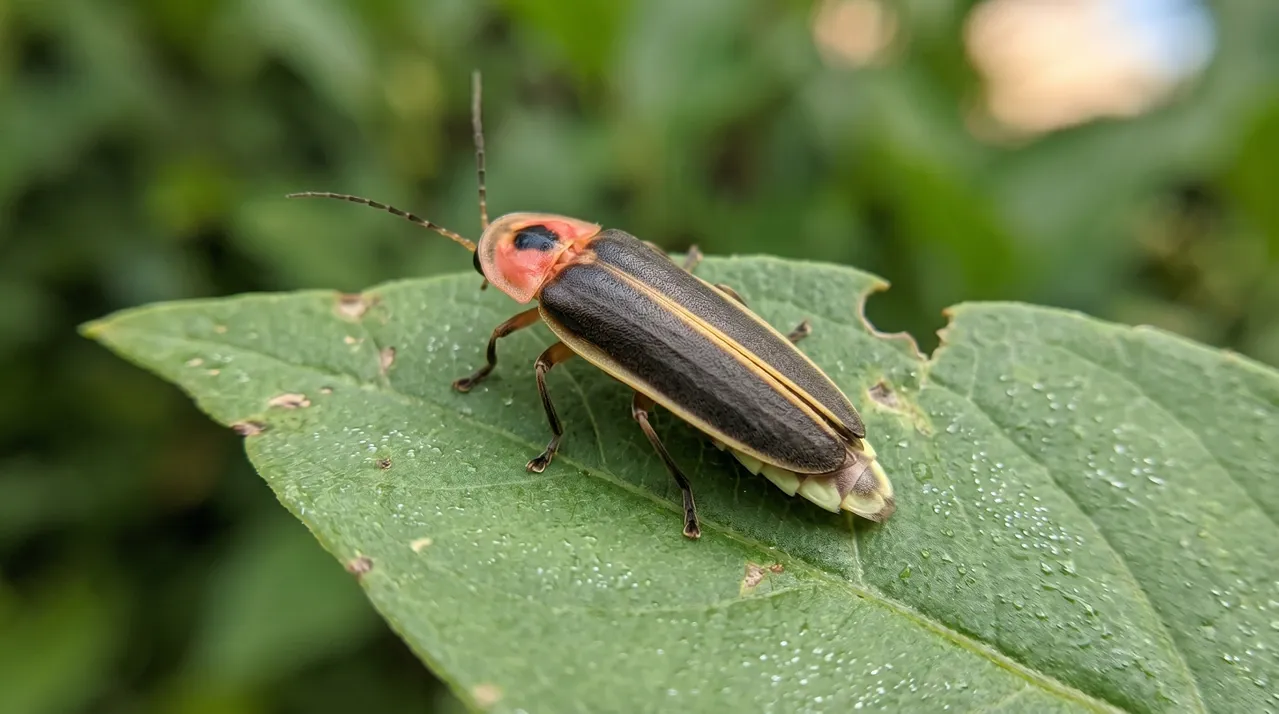 Unlit eastern firefly resting on a leaf in daylight, showing the orange shield and black spot behind the head