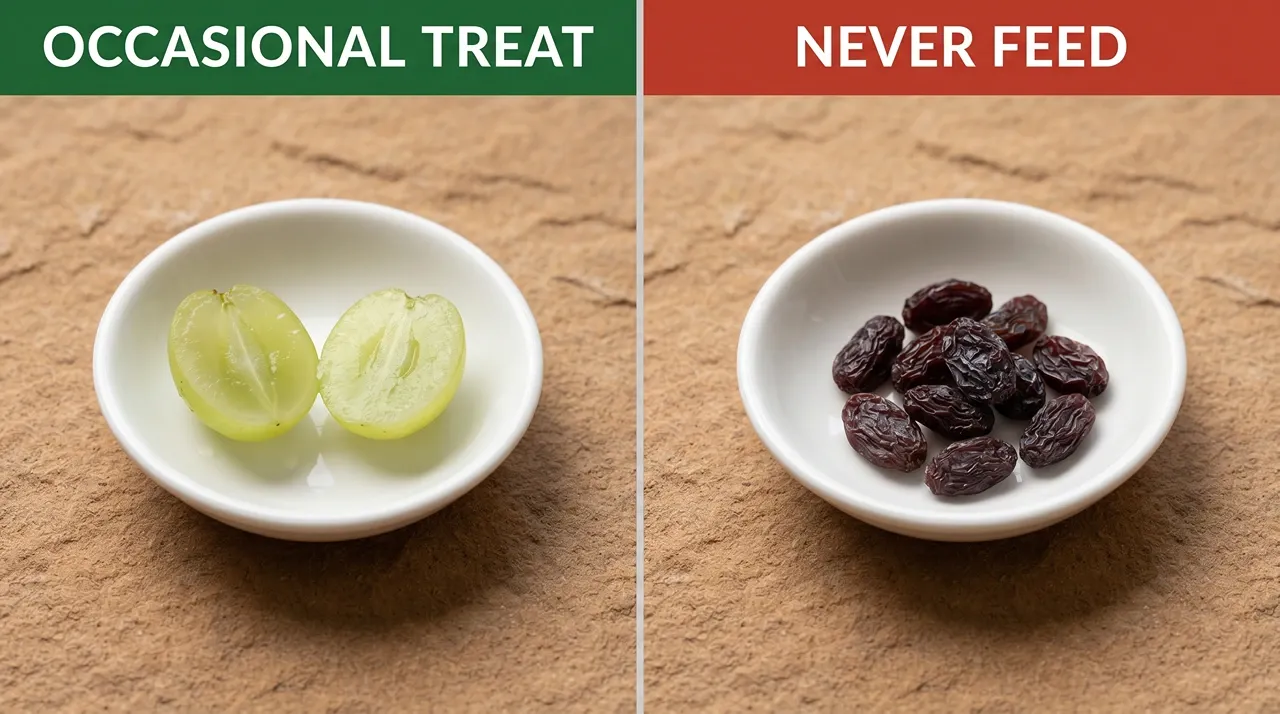 Halved grape labelled occasional treat beside a dish of raisins labelled never feed for a bearded dragon