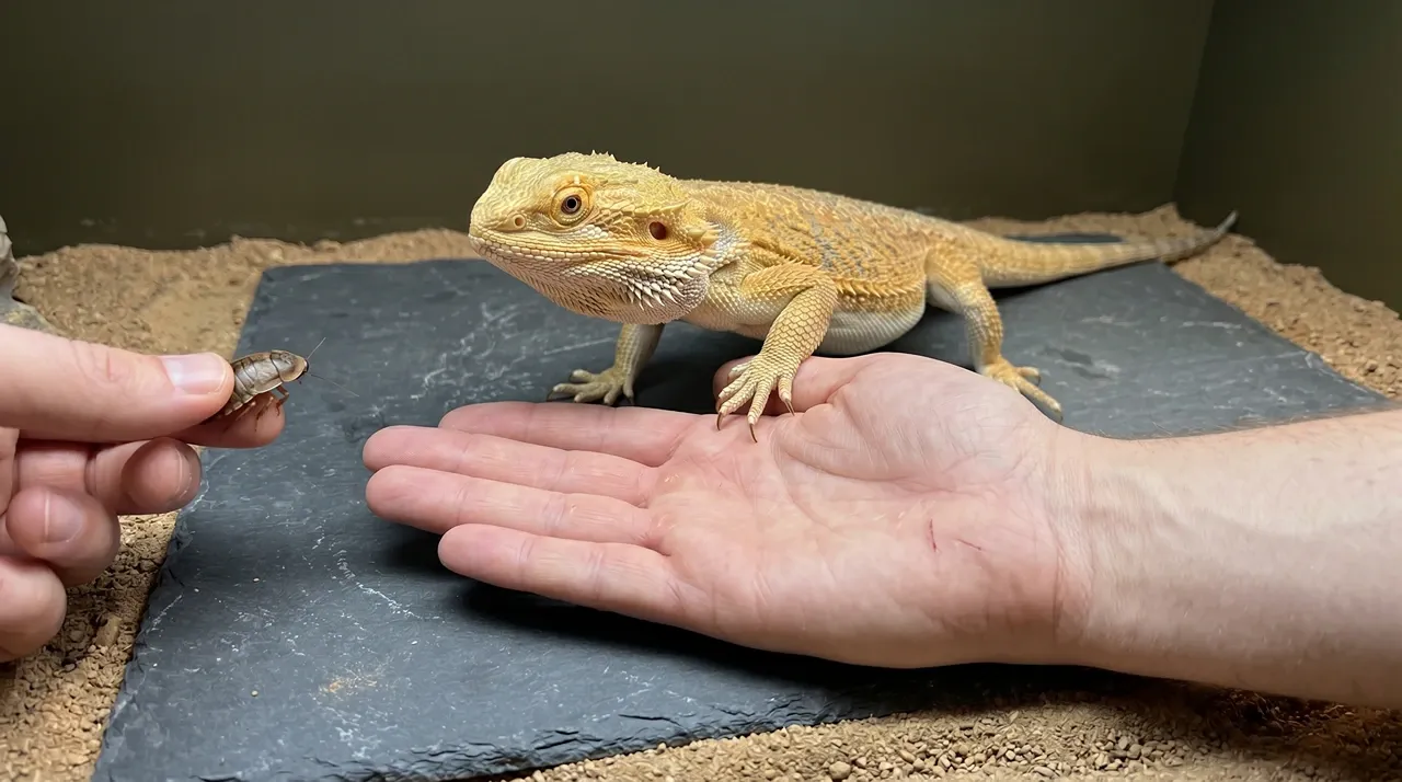 Bearded dragon stepping onto a flat open palm to reach a dubia roach held just past the fingers