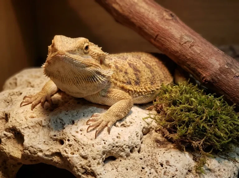 A calm, healthy adult bearded dragon resting comfortably on a textured basking rock inside a warm, well-lit enclosure.