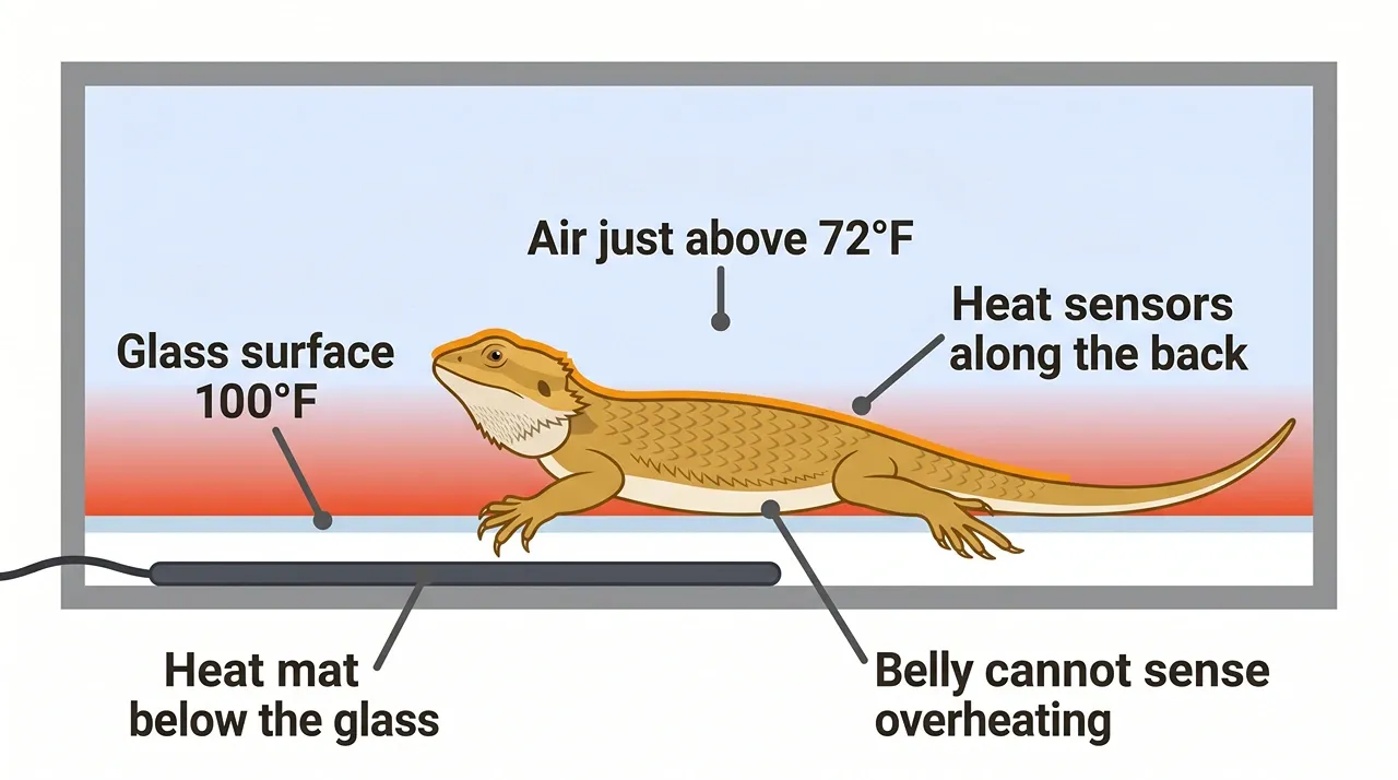 Cross-section diagram showing a heat mat warming only the glass while the air above a bearded dragon stays cold