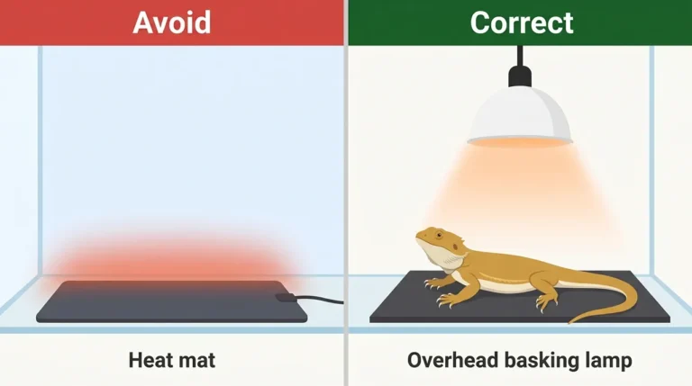 Two-panel comparison marking a heat mat as wrong for bearded dragons and an overhead basking lamp as correct
