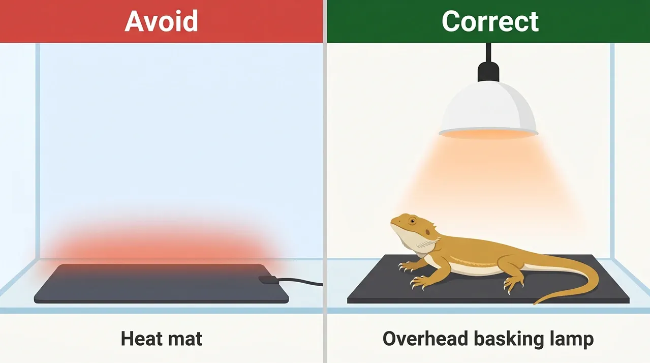 Two-panel comparison marking a heat mat as wrong for bearded dragons and an overhead basking lamp as correct