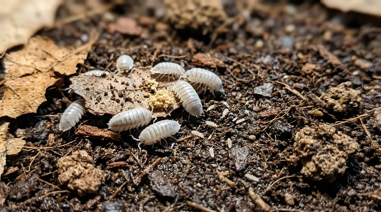 White isopods and springtails breaking down leaf litter and food waste in damp bioactive substrate