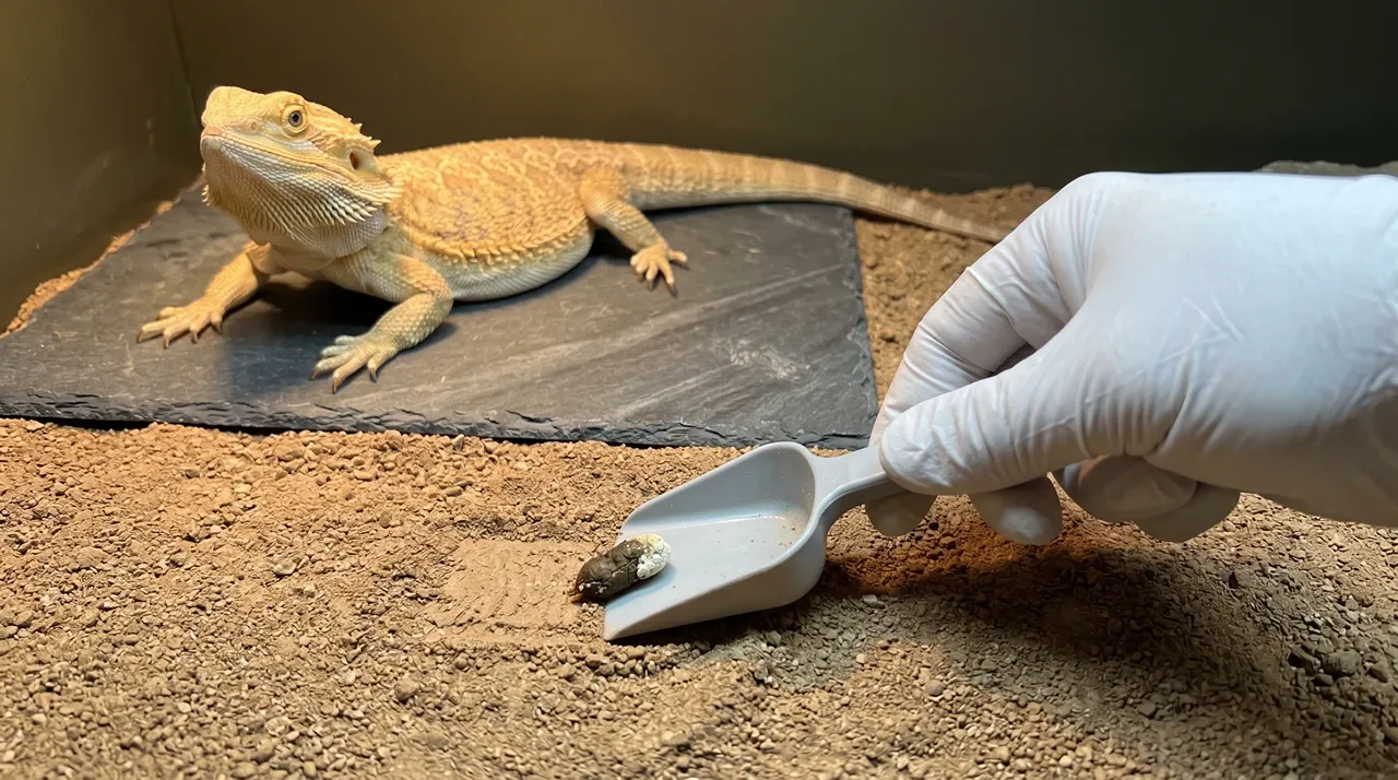 Gloved hand removing waste to clean a bearded dragon tank while the dragon watches