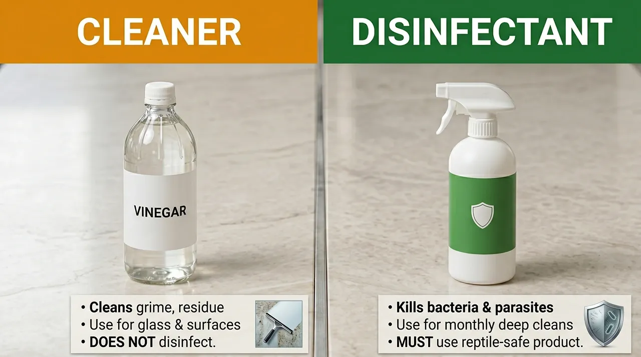 Two-panel comparison of vinegar as a cleaner and a reptile-safe disinfectant for tank deep cleans