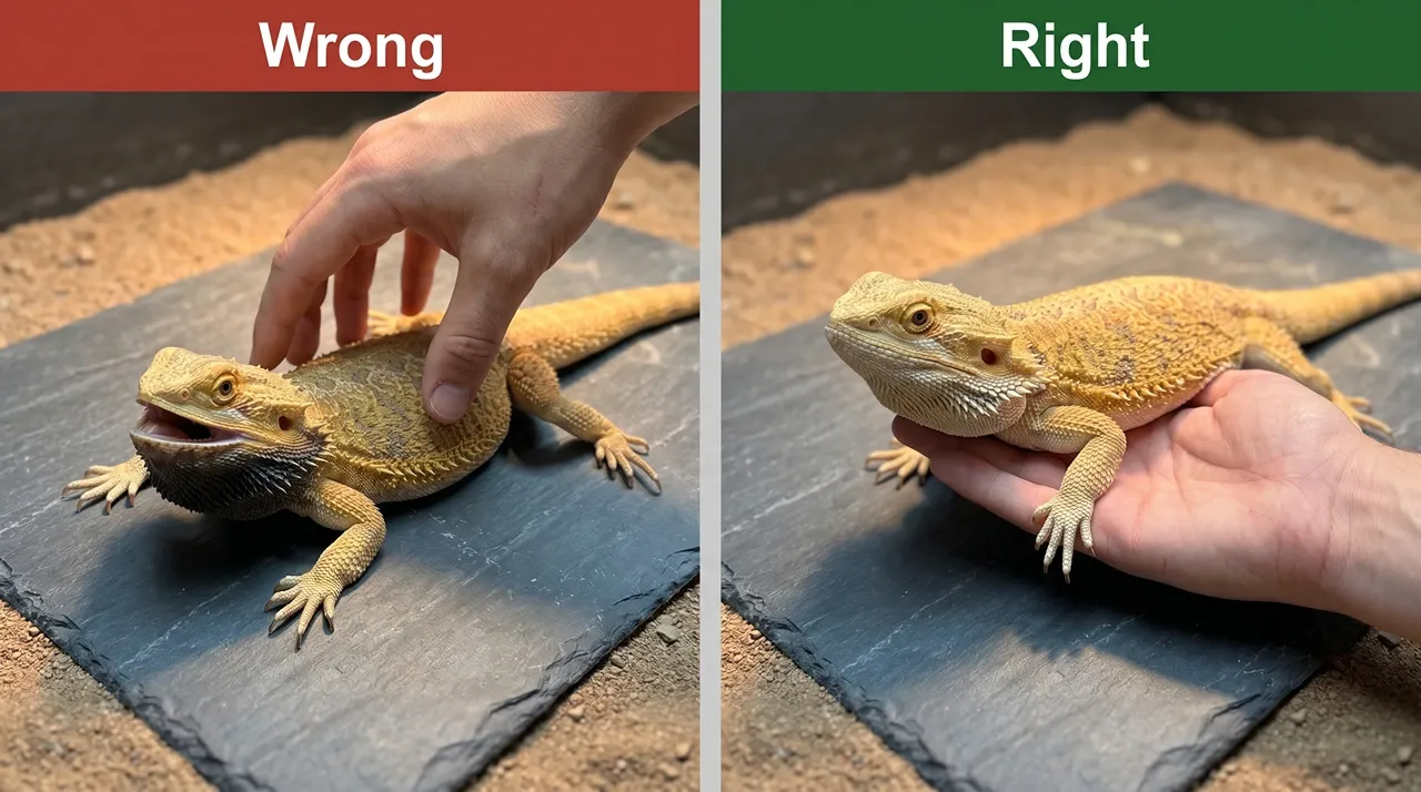 Wrong overhead grab frightening a bearded dragon beside the right underneath scoop holding it calm