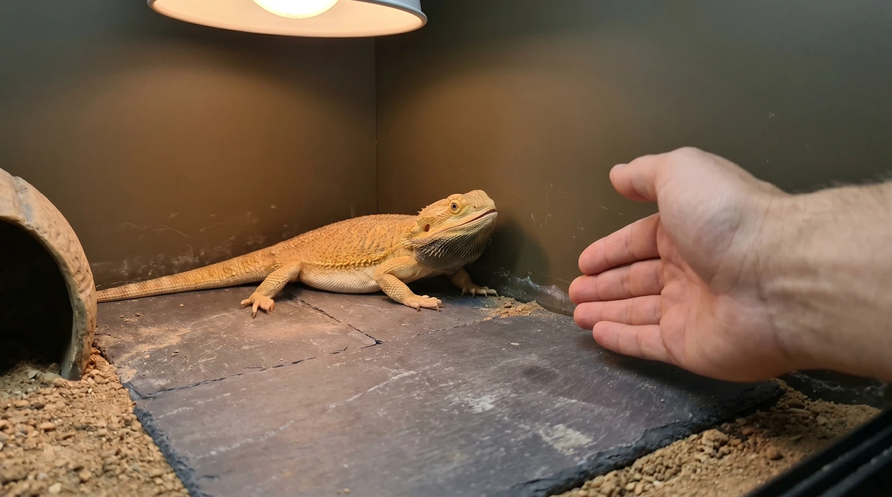 Scared bearded dragon backed into the corner of its enclosure shrinking from a slowly approaching hand