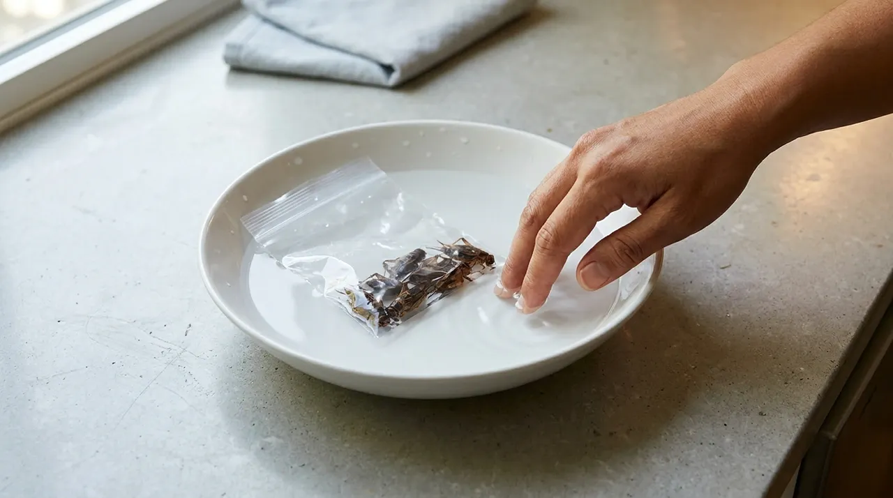 Sealed bag of frozen crickets in a bowl of lukewarm water with a hand checking the temperature before feeding