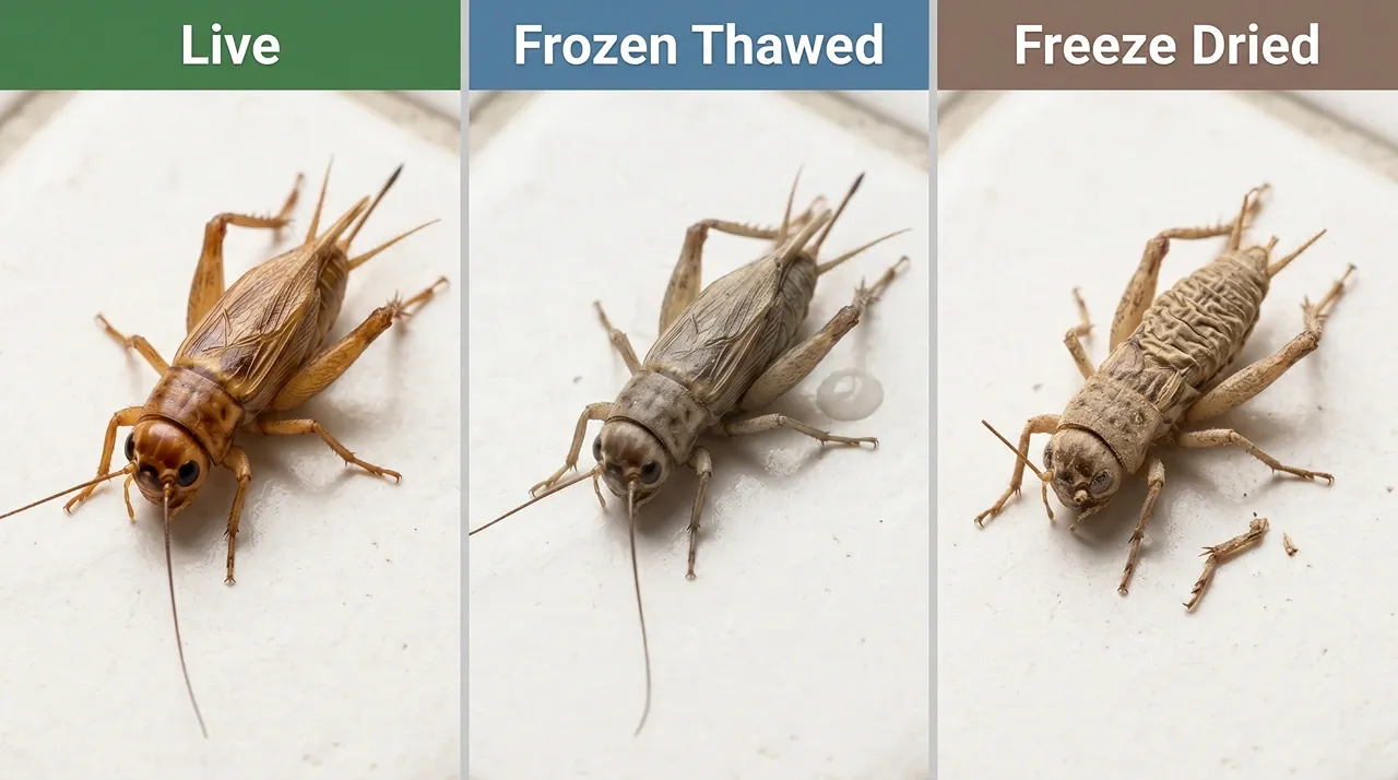Live, frozen thawed and freeze dried crickets compared side by side showing moisture loss between feeder types