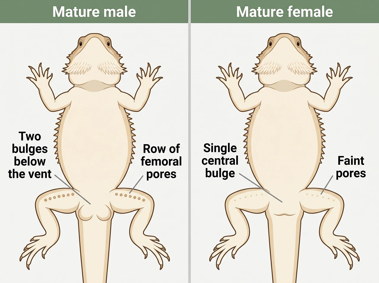 Labelled diagram comparing the underside of a male and female bearded dragon, showing vent bulges and femoral pores