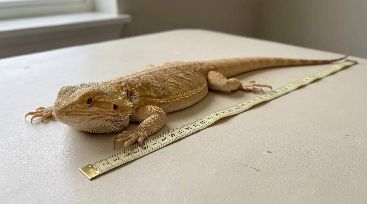 Adult bearded dragon lying flat beside a tape measure running nose to tail to estimate its age