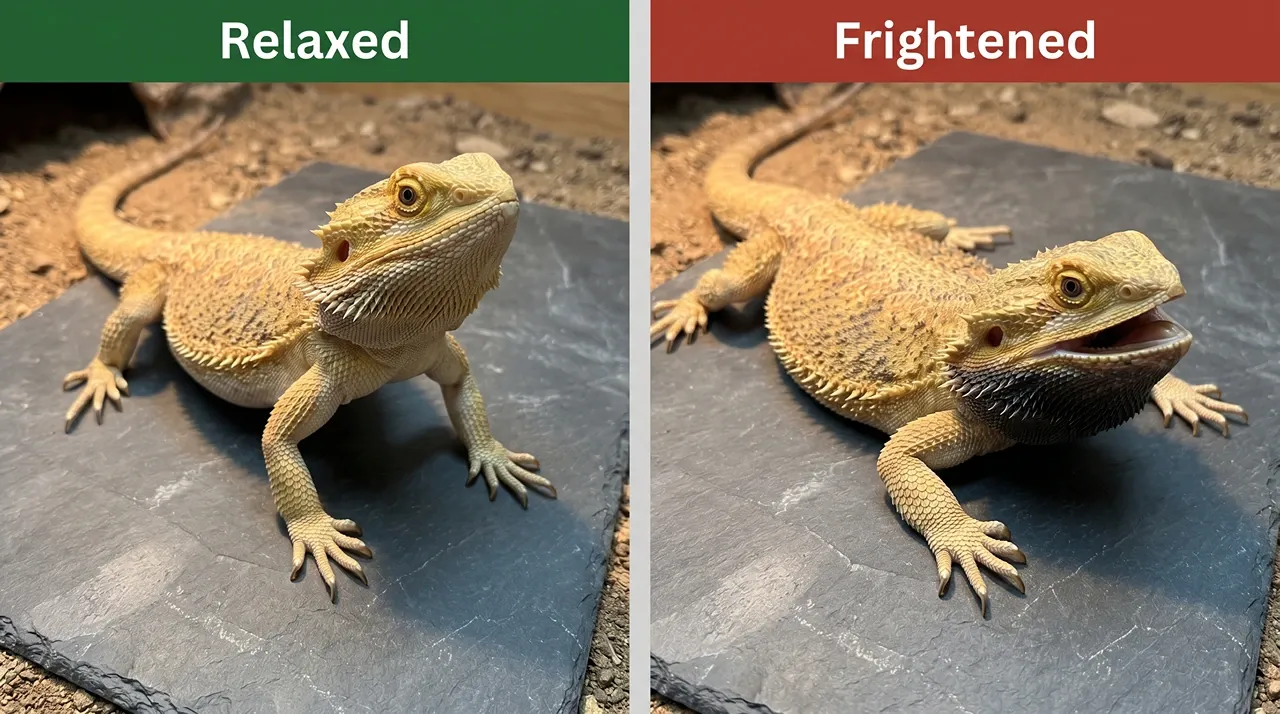 Calm bearded dragon with a pale flat beard beside a frightened one with a black beard and gaping mouth