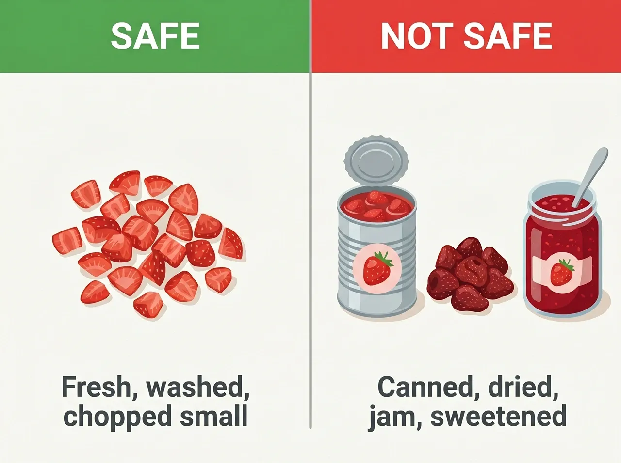 Comparison chart showing fresh chopped strawberry as safe versus canned, dried, and jam forms as not safe