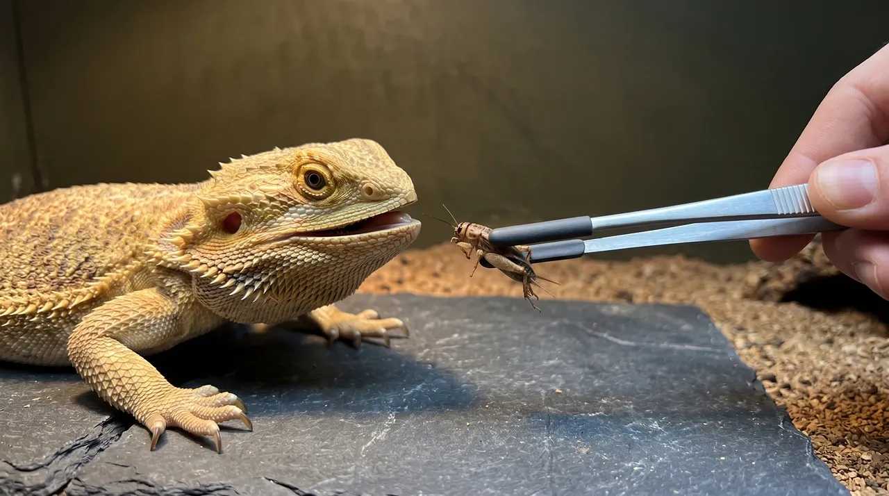 Bearded dragon locked onto a thawed cricket held on soft feeding tweezers just in front of its open mouth