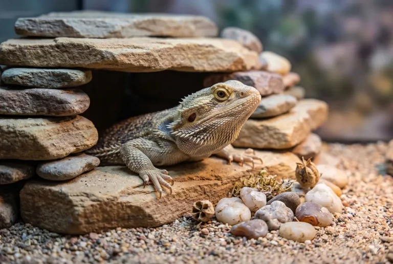 Bearded dragon at the entrance of its rock hide in a naturalistic desert enclosure