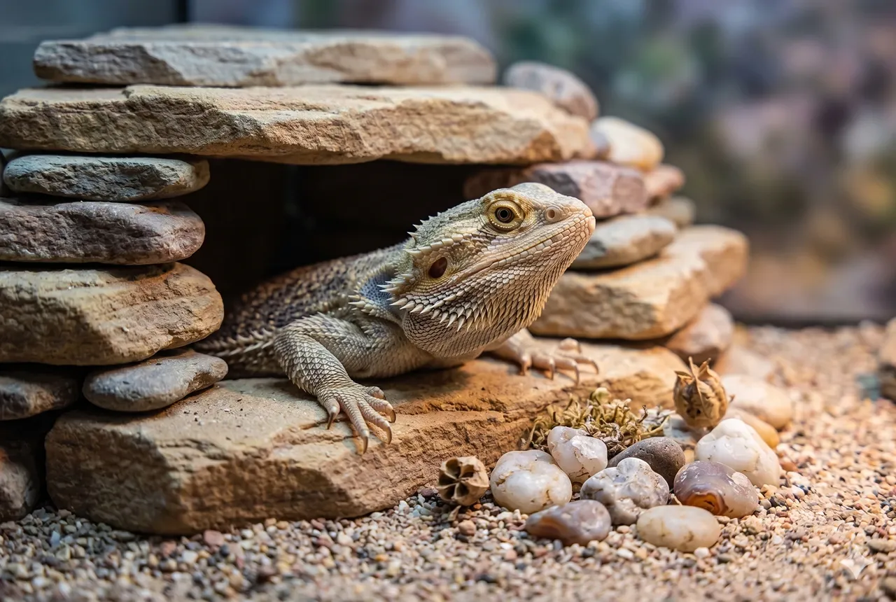 Bearded dragon at the entrance of its rock hide in a naturalistic desert enclosure