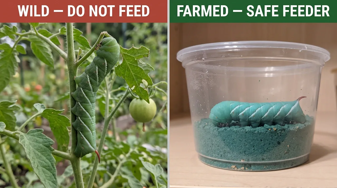 Wild green hornworm on a tomato plant beside a turquoise farmed hornworm in a plastic feeder cup