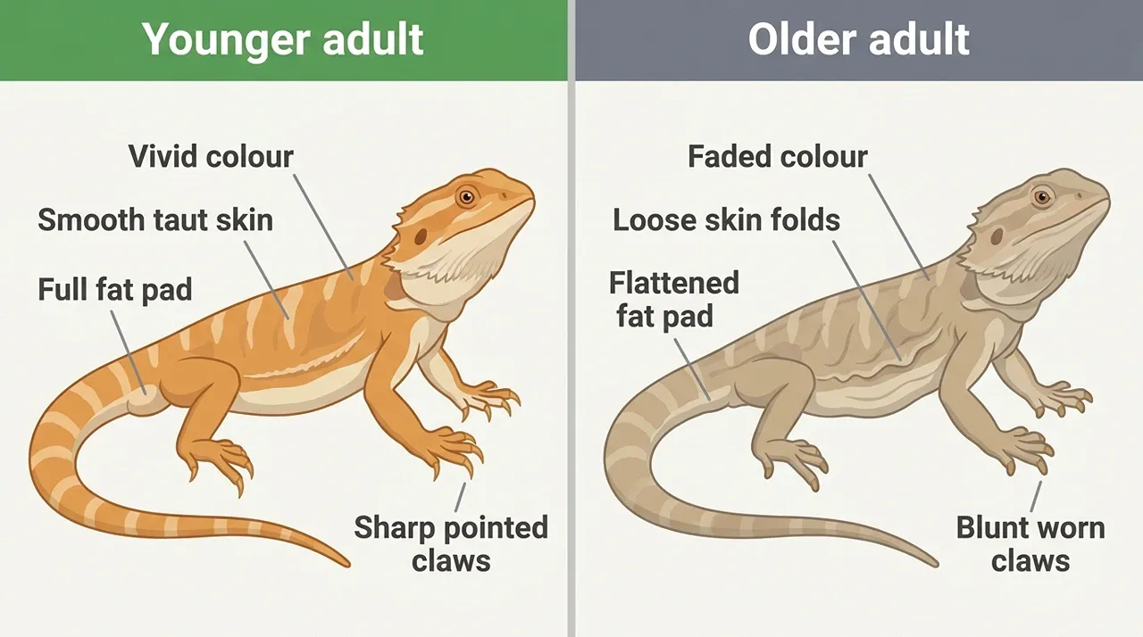 Diagram comparing a younger and older bearded dragon, labelling claw wear, skin folds, fat pad, and colour fading